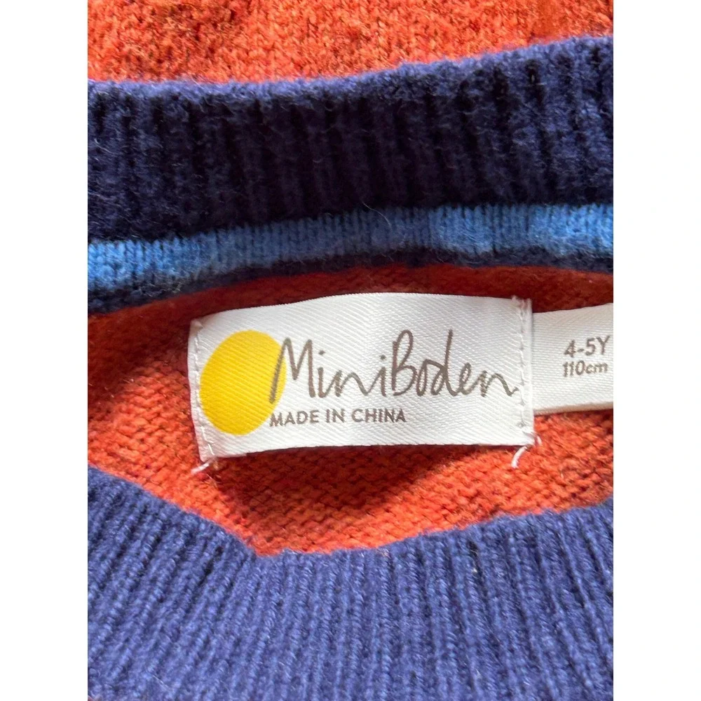 Cc4 Mini Boden Kids Orange Fox Face Intarsia Knit Sweater Striped Sleeves 4-5Y